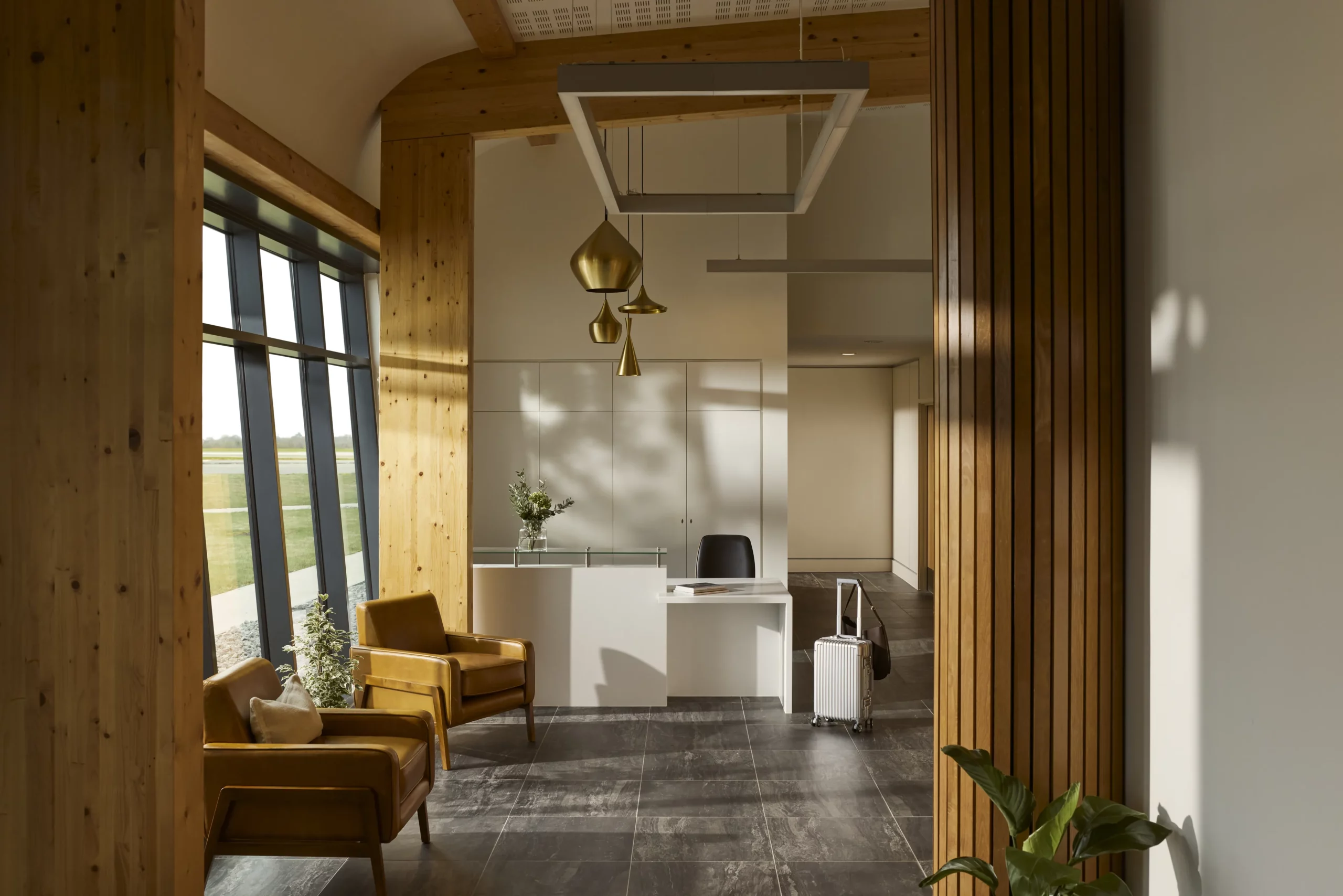 Mock-up image showing the reception area of the Aether private terminal at Manchester AIrport