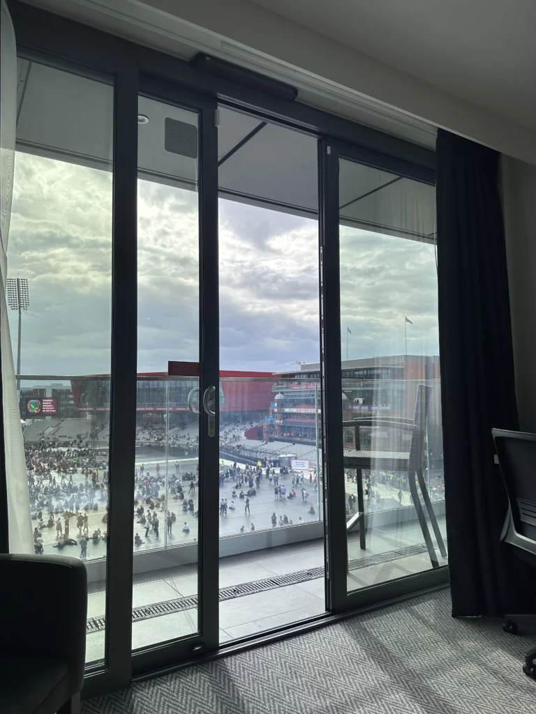 Photograph showing the balcony of a king sized room at the HIlton Garden Inn in Old Trafford, Manchester