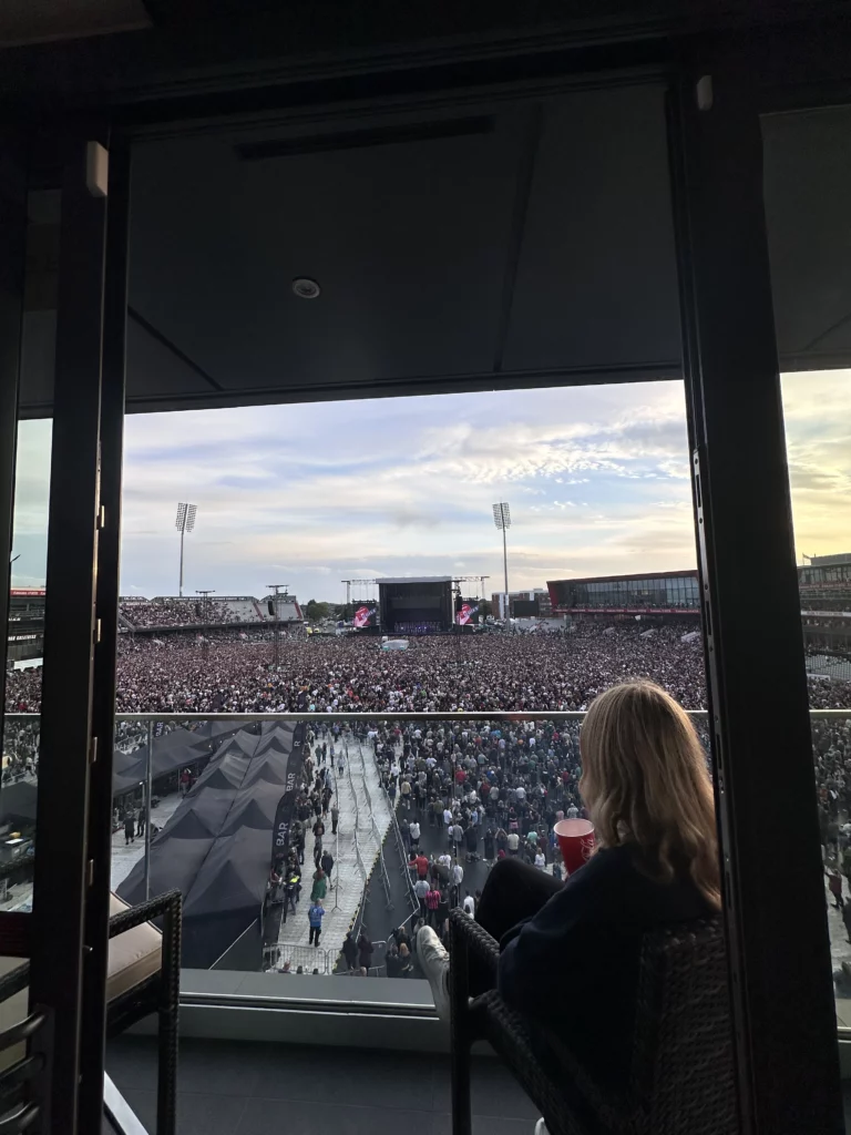 Photograph of the Old Trafford Cricket Ground, showing the balcony of a King Sized room at the Hilton Garden Inn, Manchester