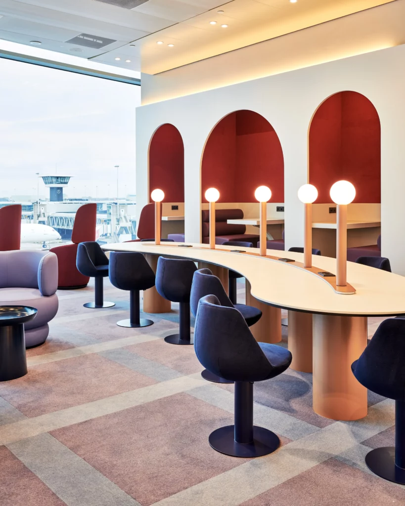 Photograph of seating areas in oneworld lounge in Amsterdam