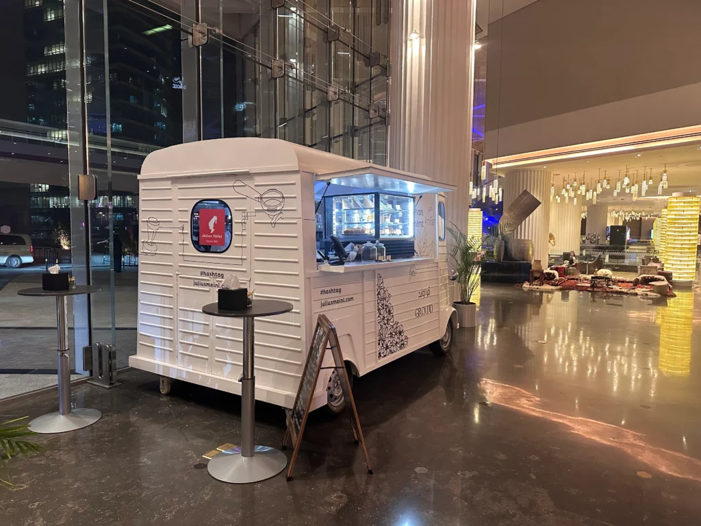 Photograph of the coffee truck, in the reception of the hotel