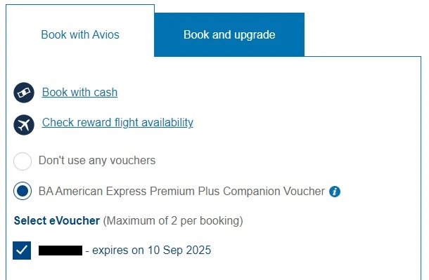 A screenshot of the BA Avios Booking page showing how you select a voucher for the booking