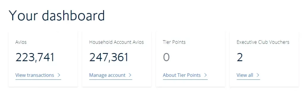 Screenshot from the British Airways website showing the number of vouchers available on the account