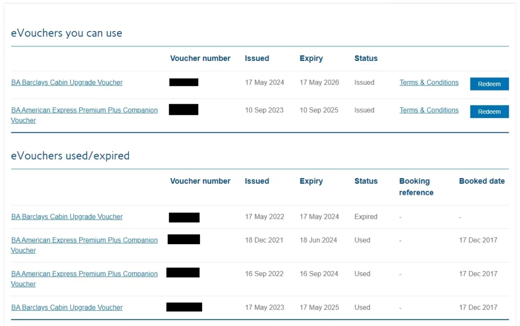 Screenshot from the British Airways website list all the available, used and expired vouchers