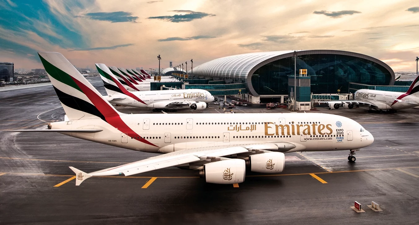 Photograph of a number of Emirates planes at Dubai airport