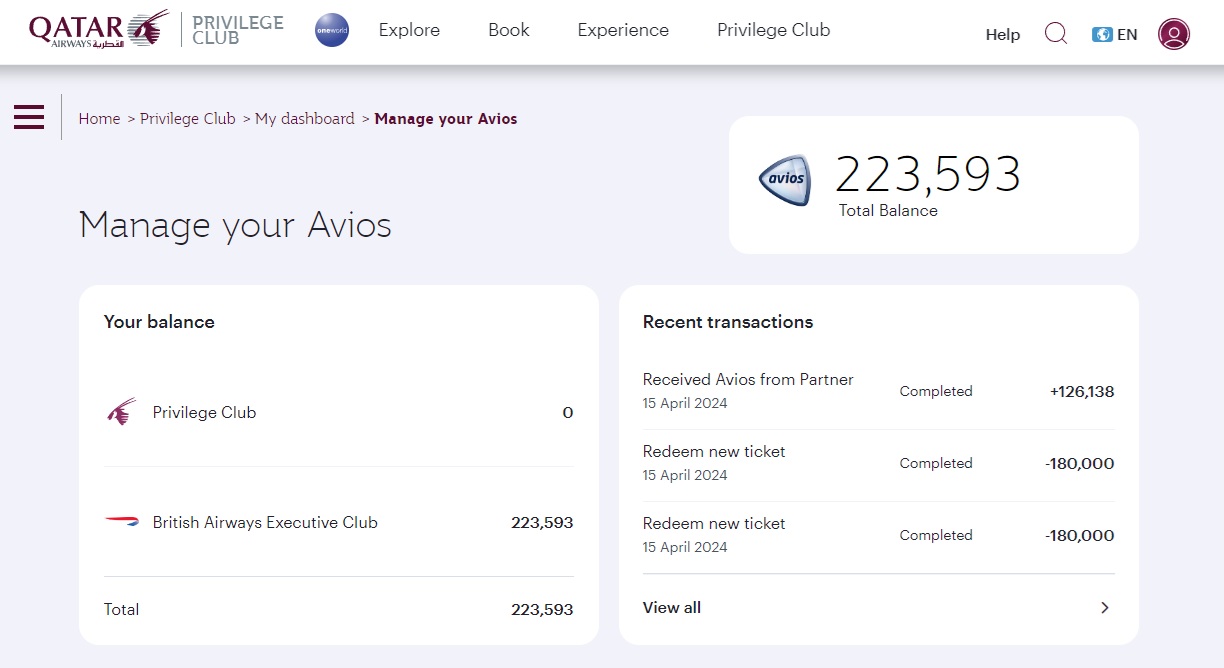 A screenshot showing the Avios page on Qatar Airlines website. The page includes a breakdown of your total Avios, as well as any recent transactions