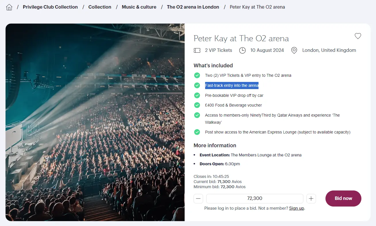 Screenshot of the Qatar Airways Privilege Collection website showing the bidding process for an event at the O2 Arena, London