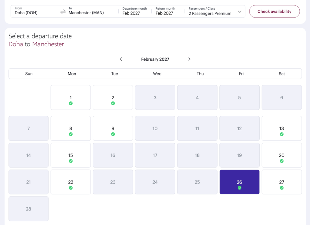 The Qatar Reward Flight Finder calendar view