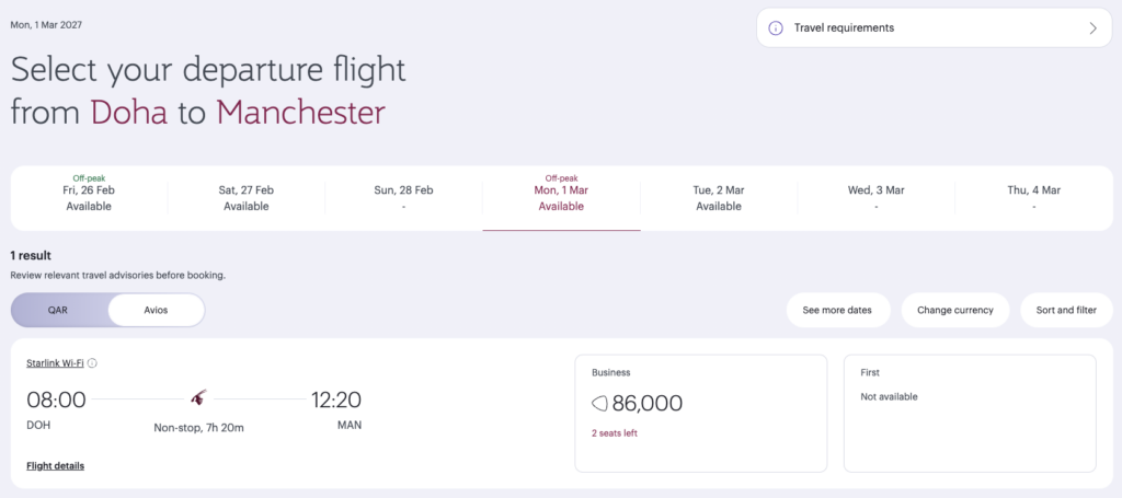 The Qatar Reward Flight Finder booking view