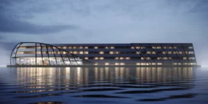 CGI of the floating Good Hotel Salford Quays / Manchester