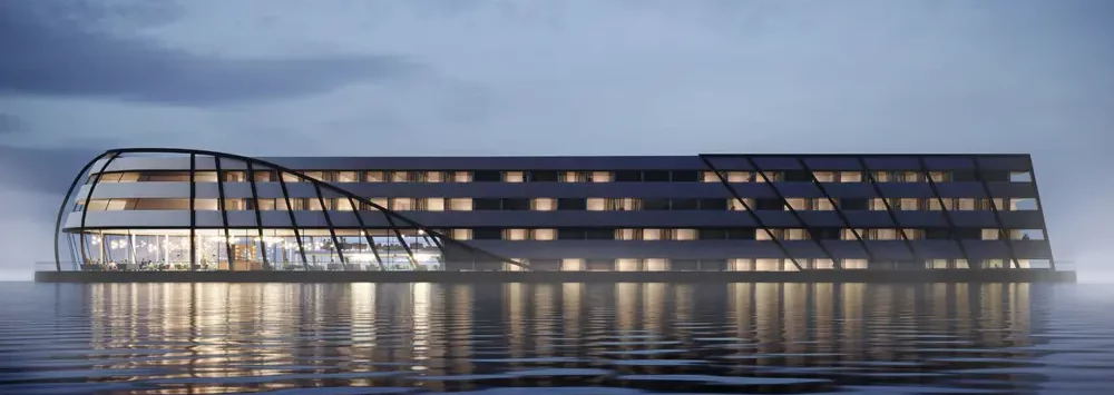 CGI of the floating Good Hotel Salford Quays / Manchester