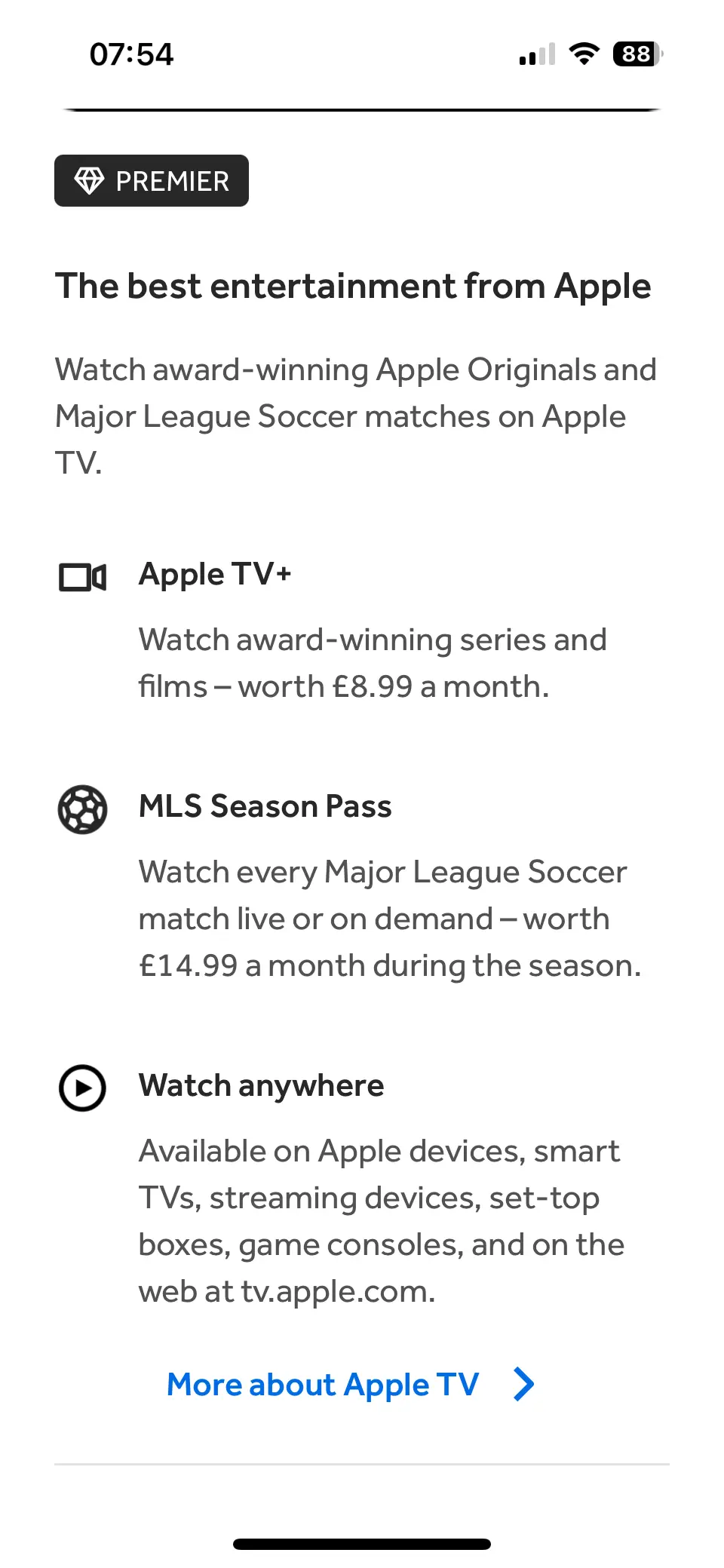 Screenshot of the Apple TV+ perk within the Barclays ios app