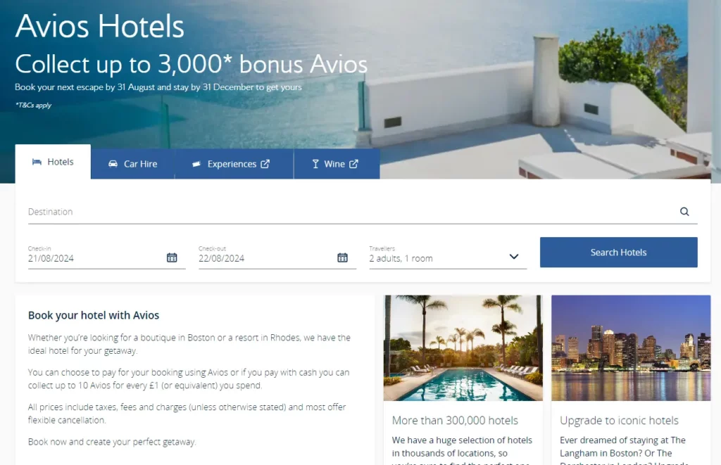 Screenshot of the Avios Hotels homepage