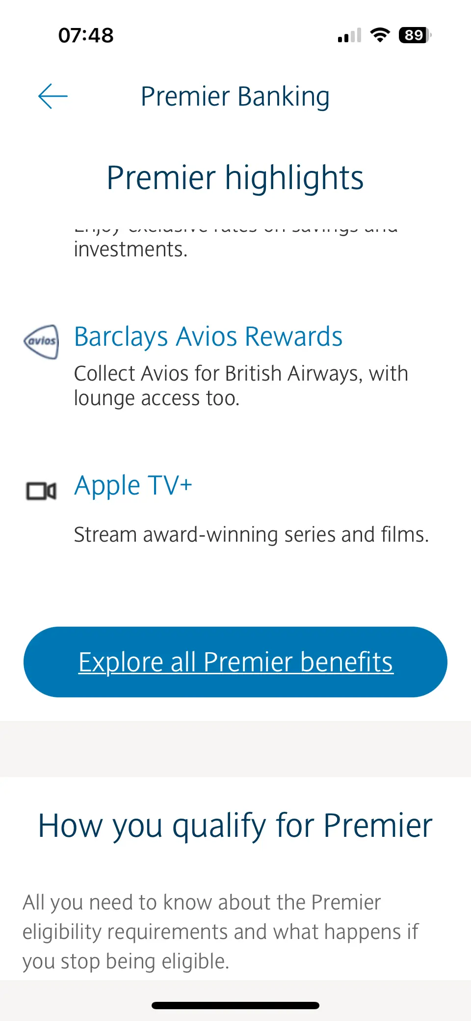 Screenshot of the perks section for a Barclays premier account within the ios app