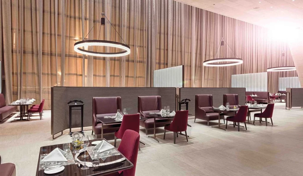 Dining area of the Al Safwa First Class Lounge at Doha, Qatar