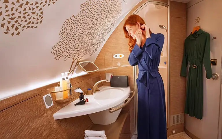 Photograph of the first class bathroom on an Emirates A380