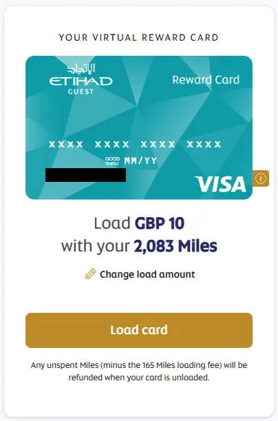 Screenshot showing the Etihad Virtual Visa card