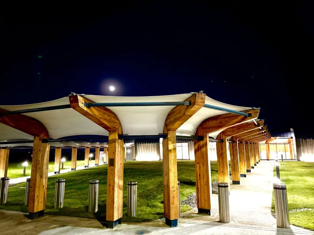 External photograph of Aether, Manchester Airport at night