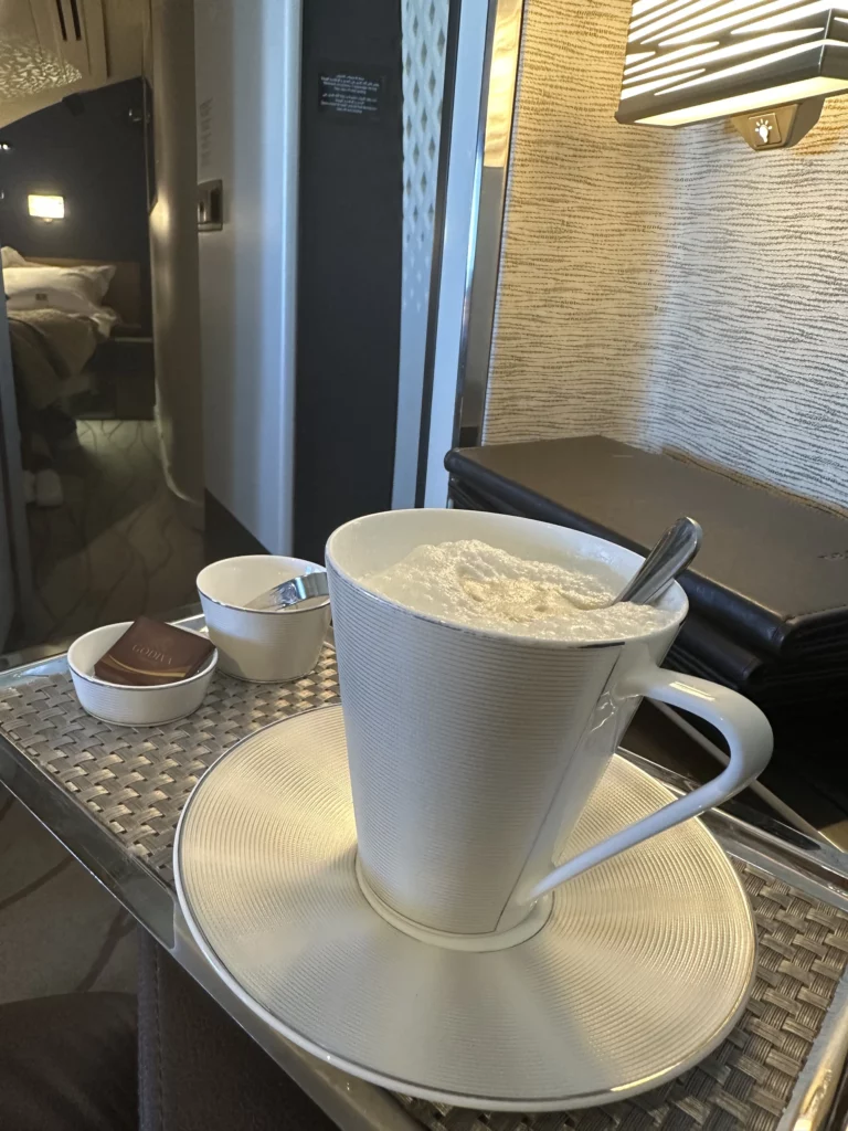 Photograph of a cup of coffee on Etihad's A380