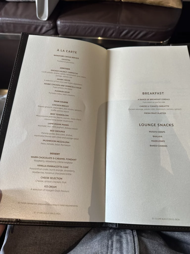 Etihad - The Residence Menu