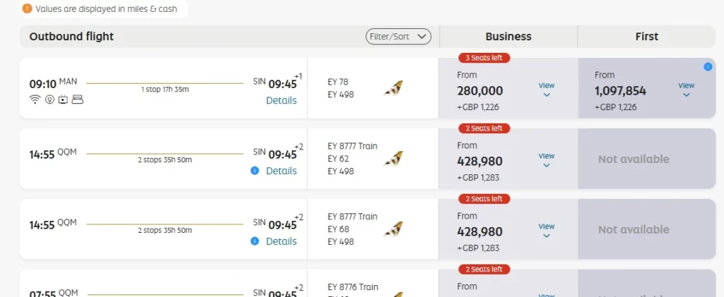 Screenshot showing flight options on the Etihad website