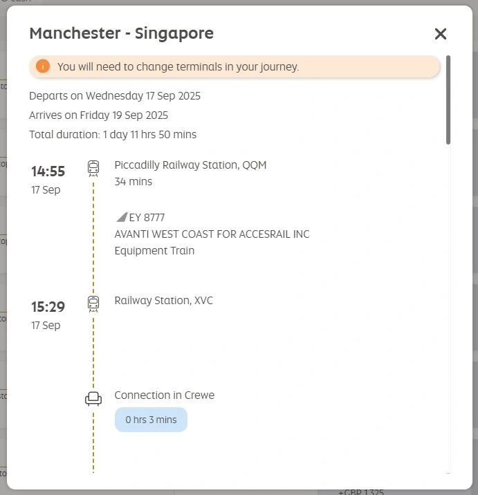 Screenshot showing a detailed itinerary of an Etihad flight