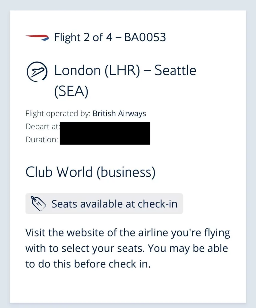 Screenshot showing the seat selection option disabled, on British Airways