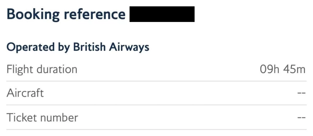 Screenshot showing booking data on British Airways with an empty Ticket Number