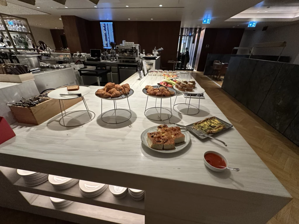 Photograph of cold food options on the lower floor at the Qantas Lounge