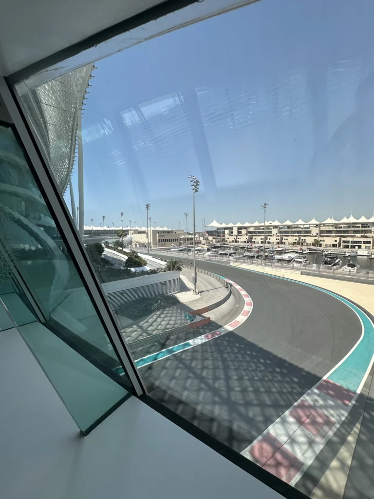 Photograph taken on the bridge between the two hotel buildings, showing the F1 track