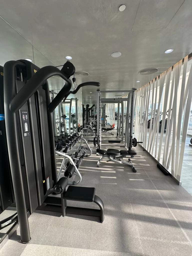 Photograph of machines and free weights within the gym at the W hotel