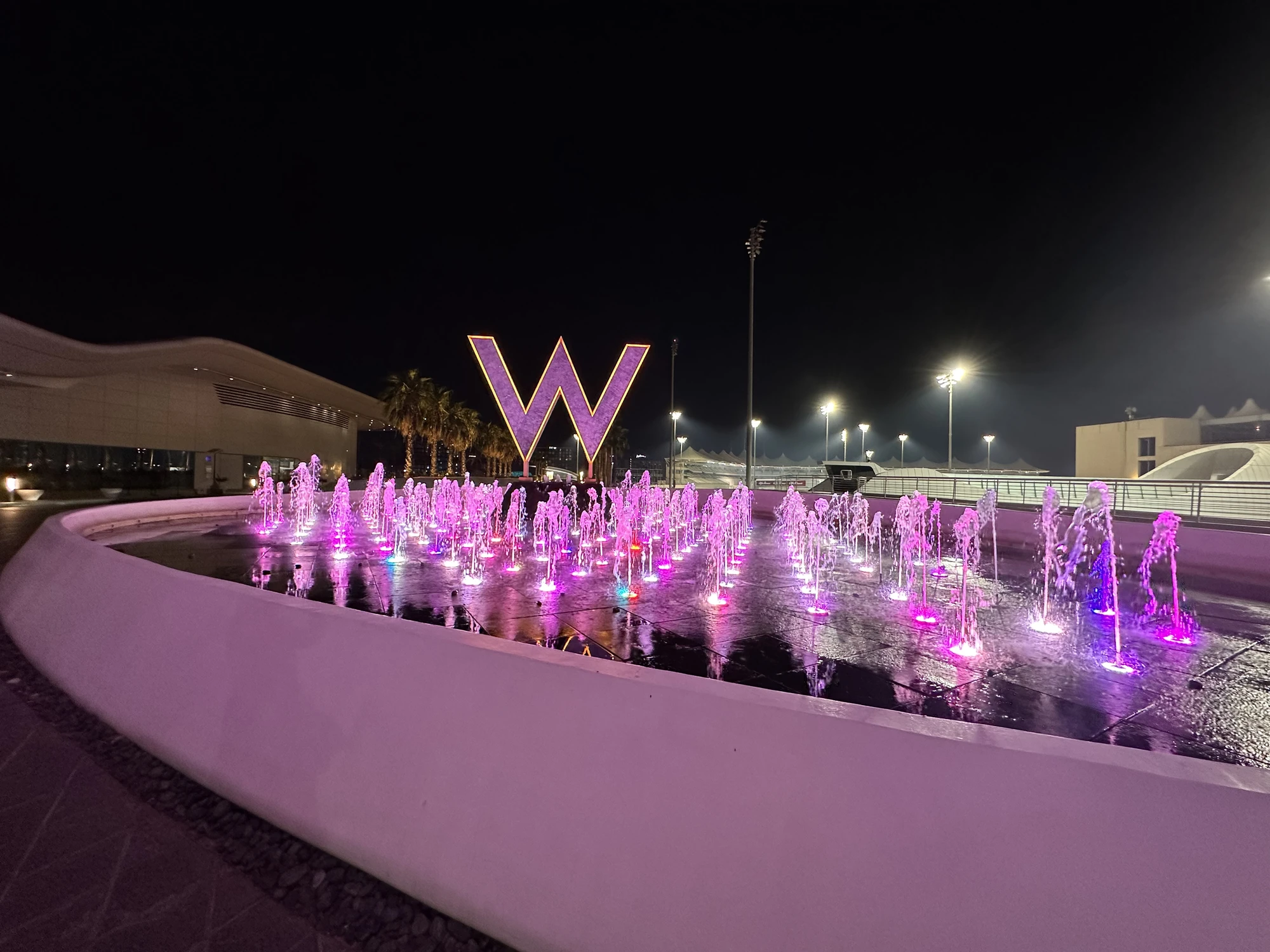 Photograph of the entrance to the W hotel in Abu Dhabi, showing the large W sign at night