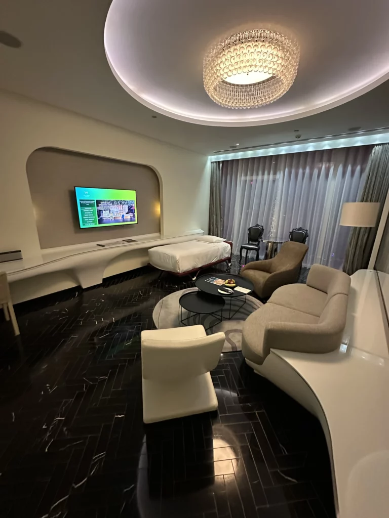 Photograph of the living room within a suite at the W hotel