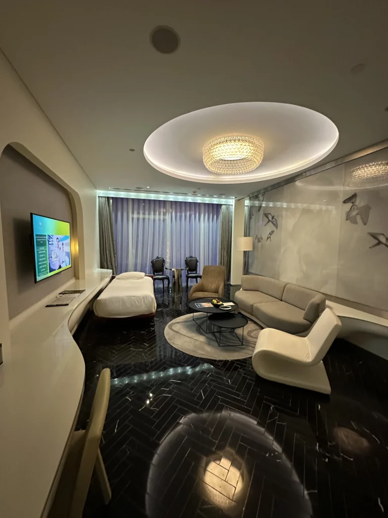 Photograph of the living room within a suite at the W hotel