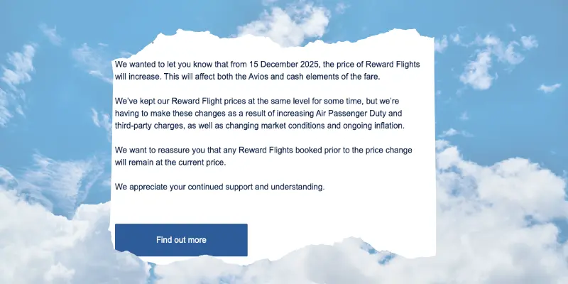 The email from British Airways announcing reward flight changes Email from British Airways announcing Avios changes