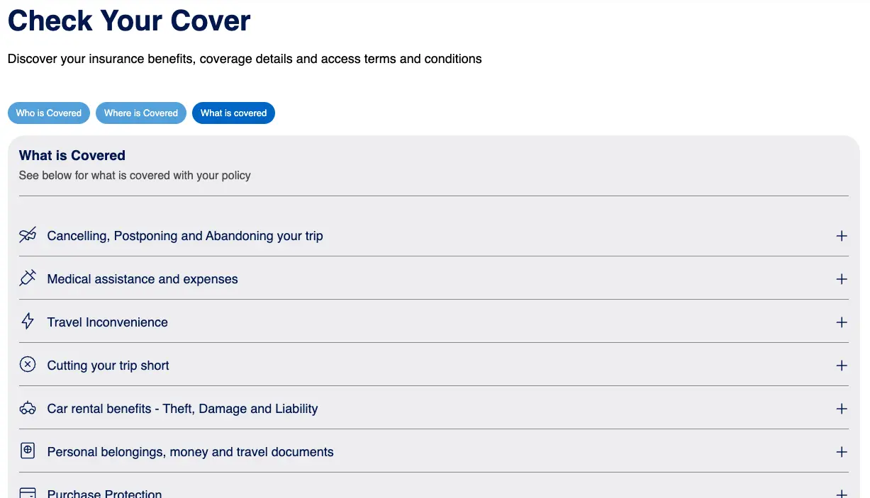 The final section which lists what you are covered for