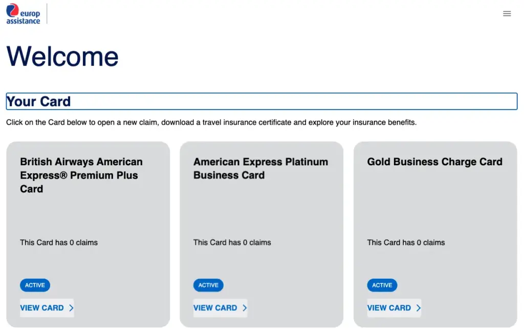 The homepage of the Europ Assistance Amex claims website