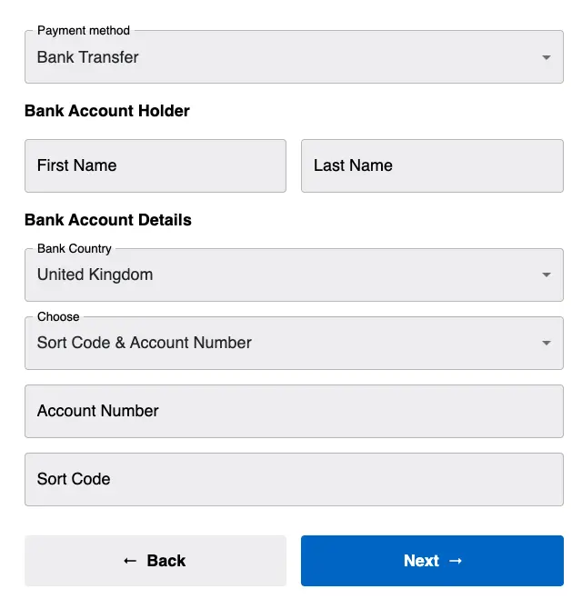 The bank details section of the claims process