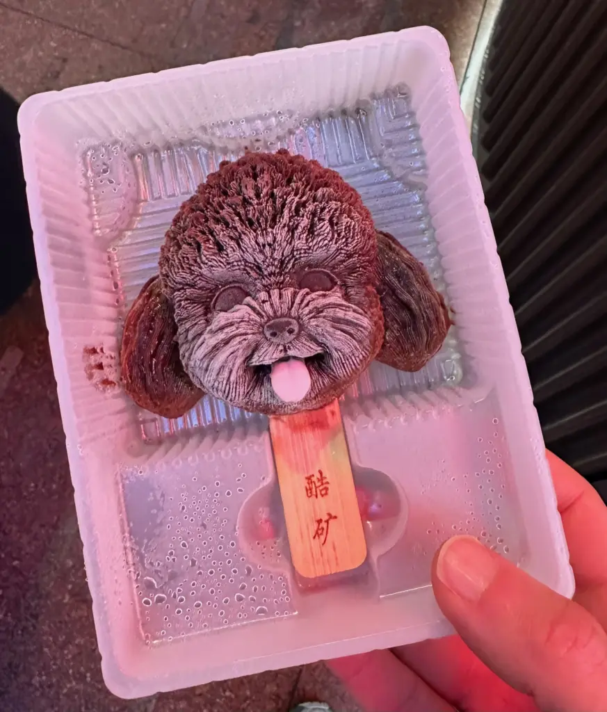 The dog shaped ice cream from a vendor near the hotel The dog shaped ice cream from a vendor near the hotel