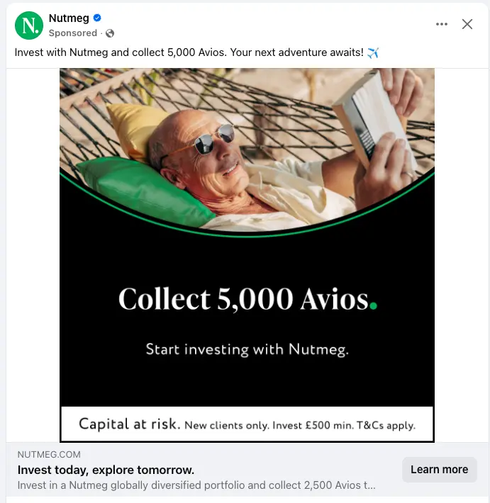 An advert for the Nutmeg Avios offer