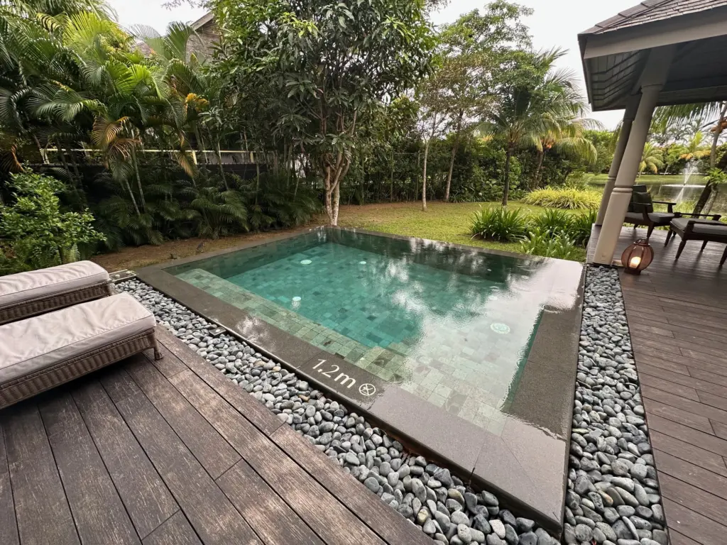 The villa pool looking out to the lagoon