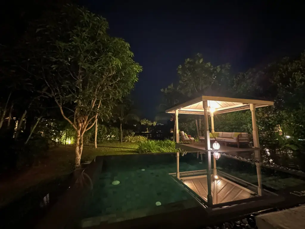 Our pool and pagoda at night