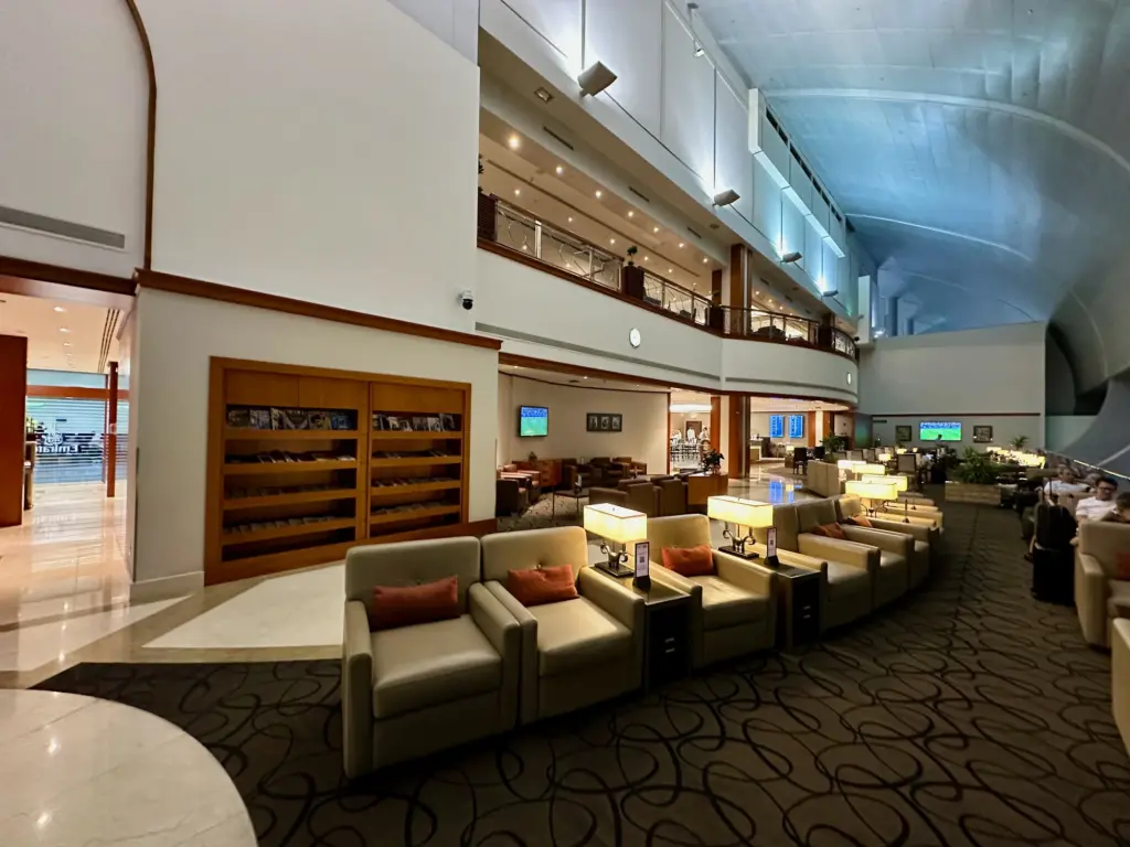 The entrance main floor and mezzanine of the Emirates First Class lounge in Concourse C