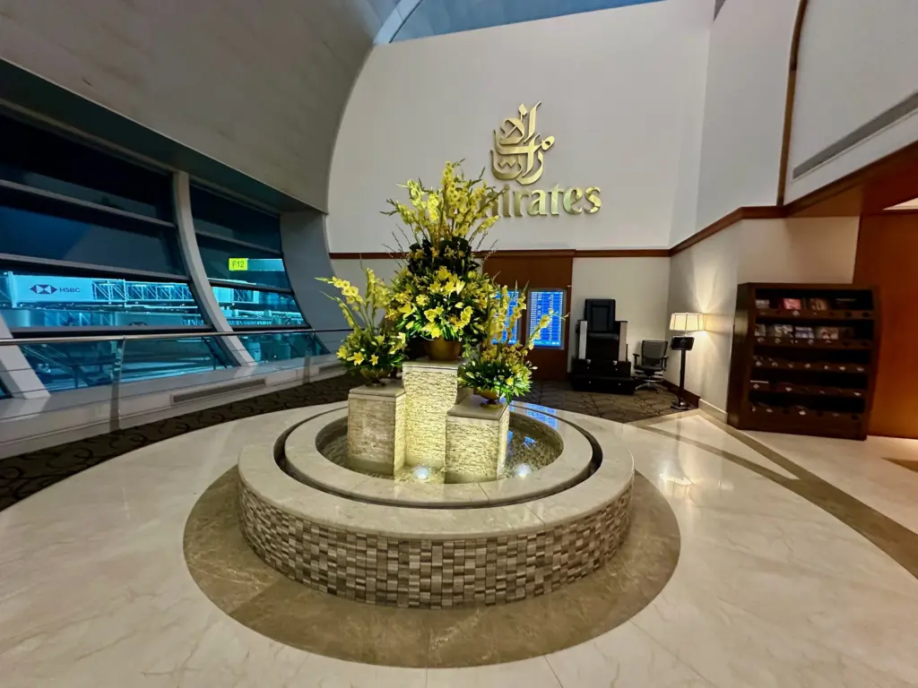 The water feature as you enter the lounge with the massage chairs in the background