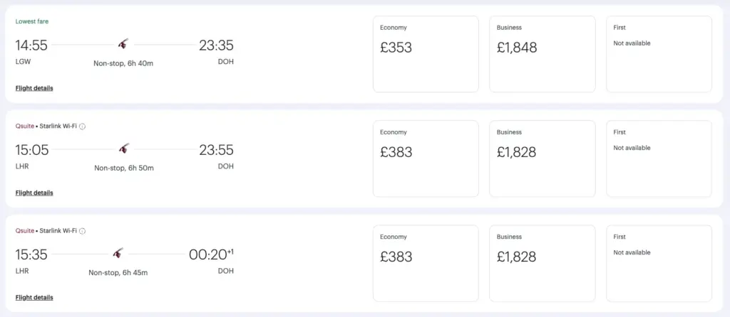 A dummy booking showing the flights that have Starlink onboard