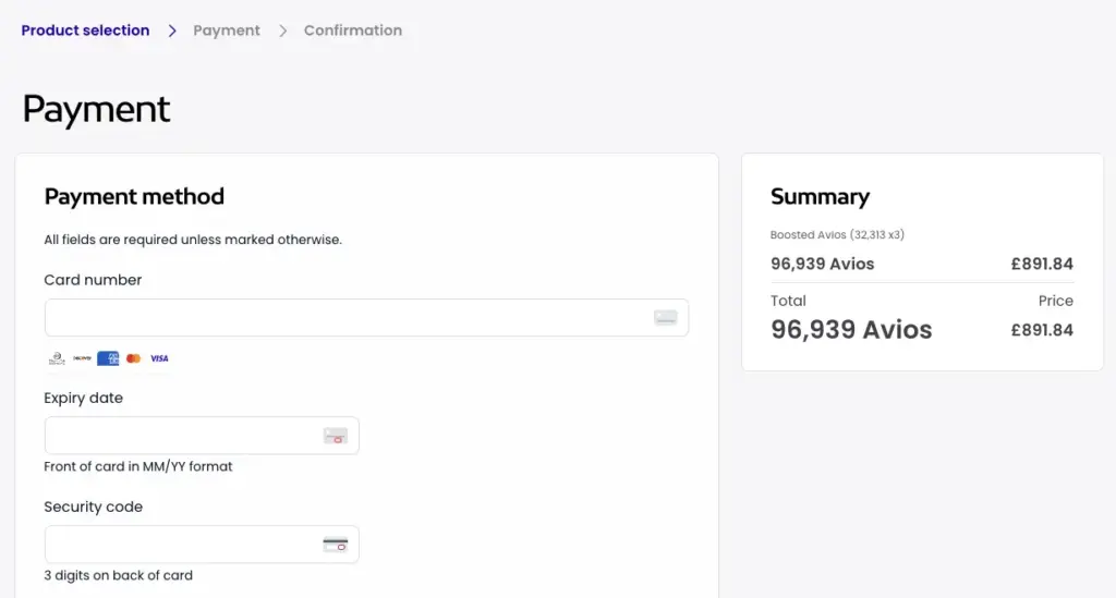 The final payment page for boosting your Avios The total points and price are visible on the right The final payment page for boosting your Avios The total points and price are visible on the right