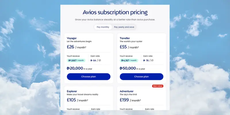 Screenshot of the Avios Subscription page on Avios.com