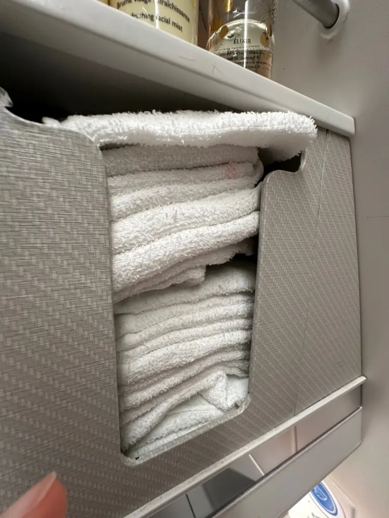 Fabric hand towels in the Business Class bathrooms Fabric hand towels in the Business Class bathrooms