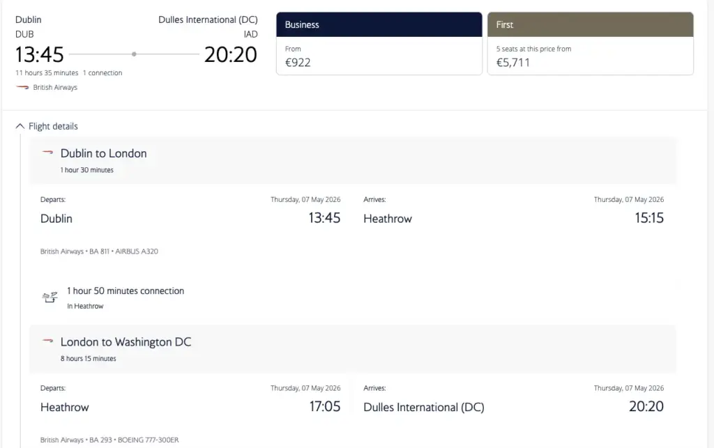 An example booking from Dublin to Washington with both flights with British Airways An example booking from Dublin to Washington with both flights with British Airways