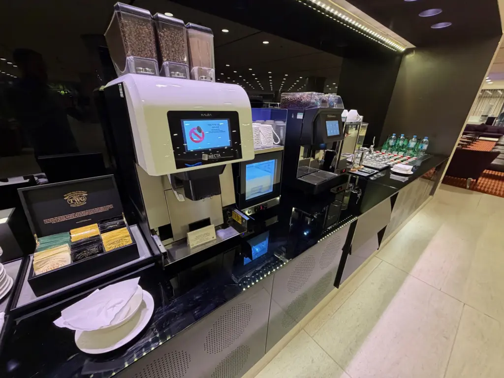 The hot water and coffee machines both are self service